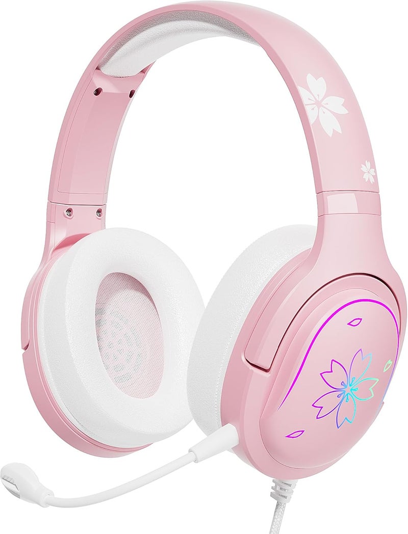 Mytrix Cherry Blossoms Wired Gaming Headset, 360° Rotation Mic, Soft Earmuff Gaming Headphones for PS4, PS5, PC & MAC, Switch, RGB Gradient Light Effect - Image 1